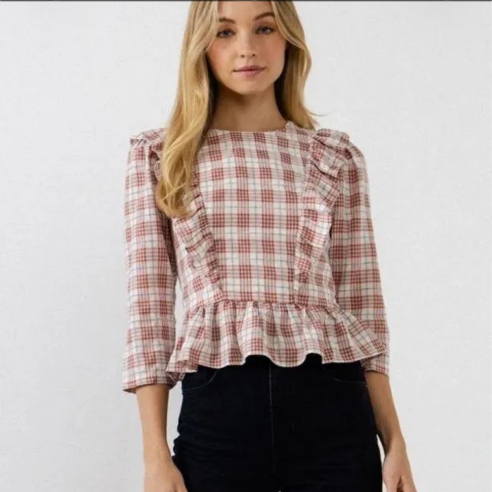 English Factory Plaid Ruffle Trim Blouse